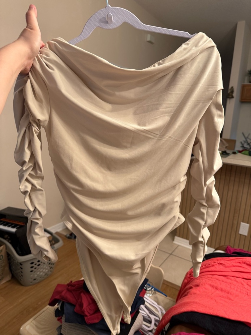 Cream Ruched Long Sleeve Bodysuit